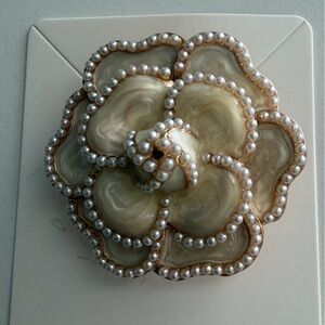 Cream Enamel and Faux Pearl Camellia Flower Brooch Perfect